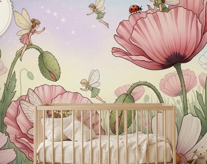 Fairy Garden Poppy Peel and Stick Mural, Watercolor Pink Flower Girls Wallpaper