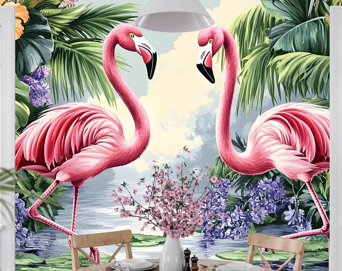 Peel and Stick Tropical Flamingo Wallpaper Mural - Jungle Botanical Design - Removable Self Adhesive Wall Mural for Home and Office Decor