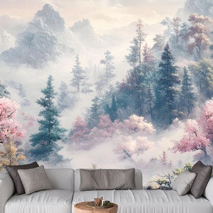 Cherry Blossom Misty Forest Wallpaper, Landscape Mural for Zen Bedrooms Living Rooms, Peel and Stick Wall Covering, Mountain & Floral Decor