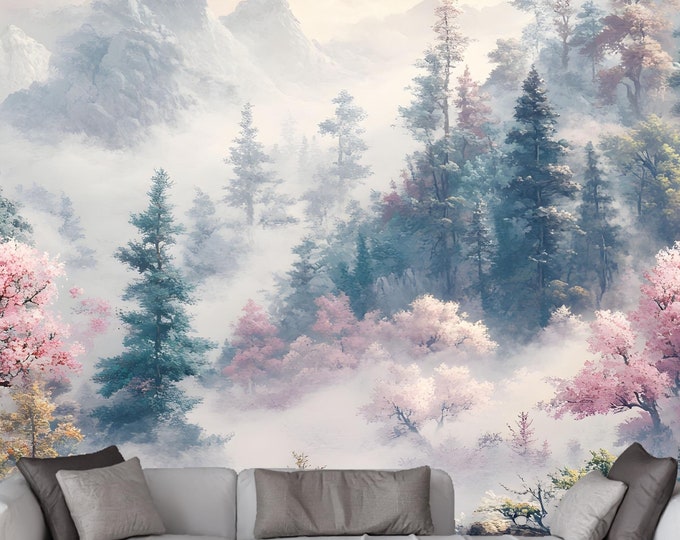 Cherry Blossom Misty Forest Wallpaper - Mountain Landscape Mural for Zen Bedrooms, Living Rooms, and Accent Walls Peel and Stick,Traditional