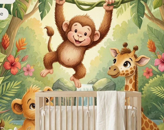 Jungle Animals Peel and Stick Mural, Watercolor Safari Kids Nursery Wallpaper