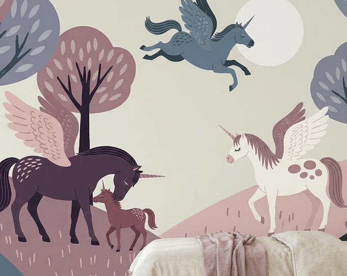 Unicorn Family Forest Peel & Stick Mural, Scandinavian Woodland Kids Wallpaper