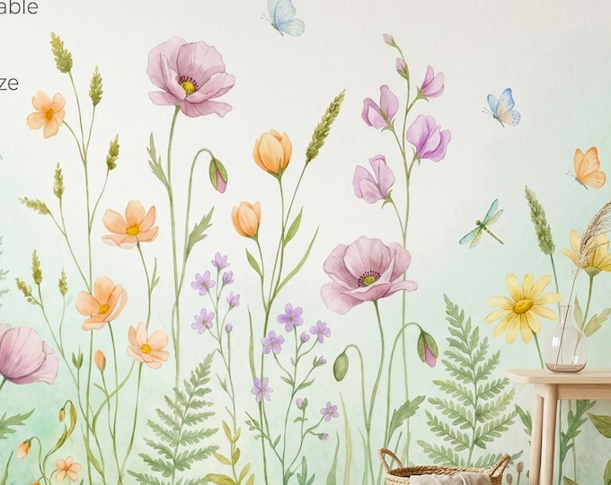 Baby Girl Floral Peel Stick Wallpaper, Wildflower Botanical Wall Mural Pastel Meadow