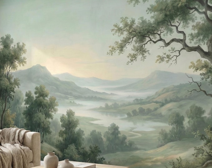 Misty Green Landscape Peel Stick Mural, Vintage Valley Scenic Wallpaper for Living Room Bedroom