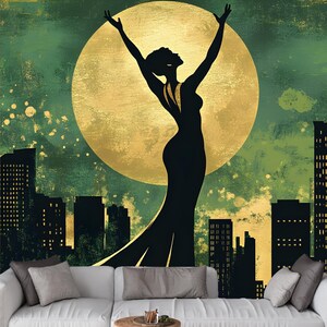 Carta da parati murale moderna Art Déco con elegante silhouette di ballerina - Carta da parati con skyline urbano per decorazioni murali d'interni vintage
