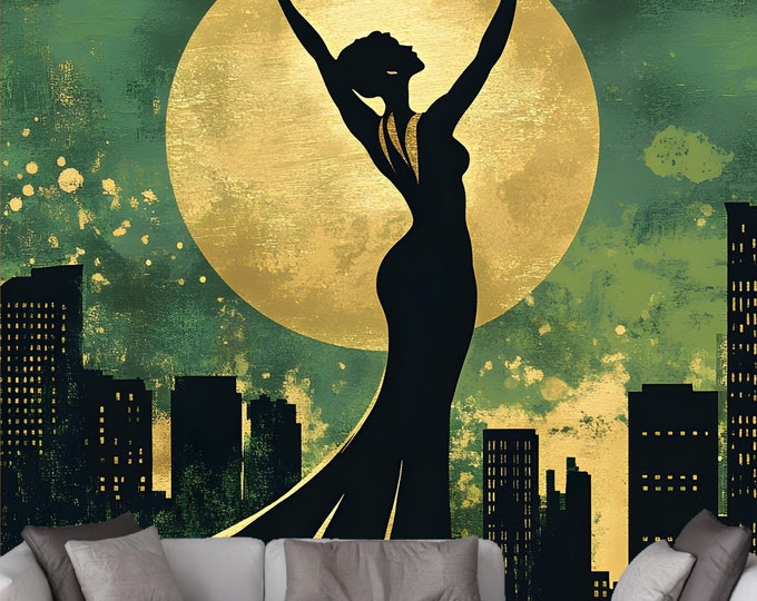 Modern Art Deco Cityscape Wallpaper Mural with Elegant Dancer Silhouette - Urban Skyline Wallpaper for Vintage Interior Wall Décor