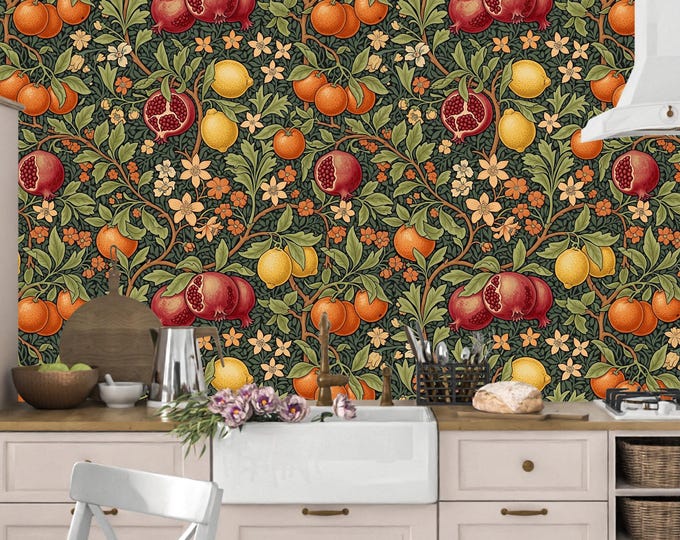 William Morris Pomegranate Wallpaper: Vintage Botanical Peel & Stick Mural