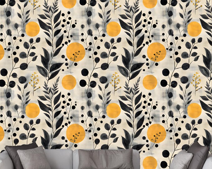 Modern Botanical Wallpaper with Yellow and Black Abstract Leaves - Peel and Stick or Traditional for Bedrooms, Offices, or Living Rooms