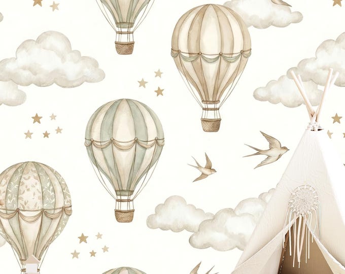 Vintage Hot Air Balloon Wallpaper Neutral Nursery Decor Watercolor Clouds Peel and Stick Mural