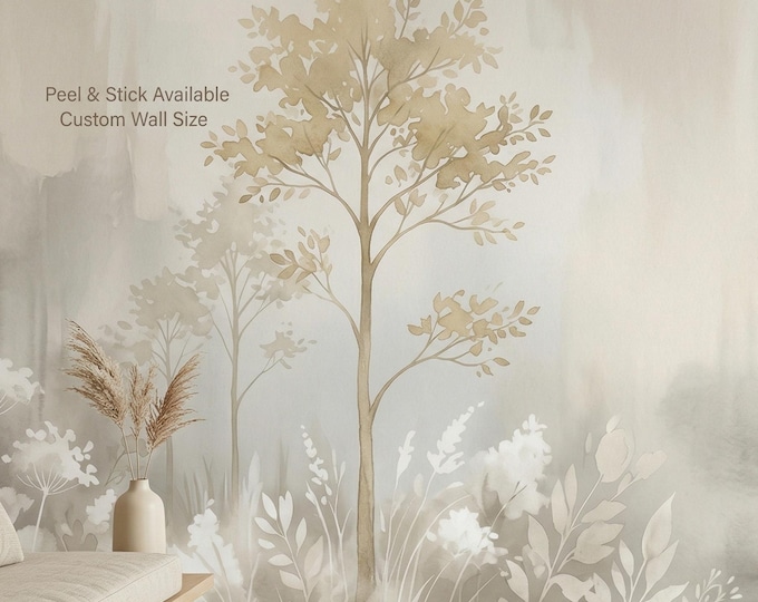 Neutral Forest Wallpaper Watercolor Trees Wall Mural Beige Nature Scandinavian Botanical Calm Interior Decor