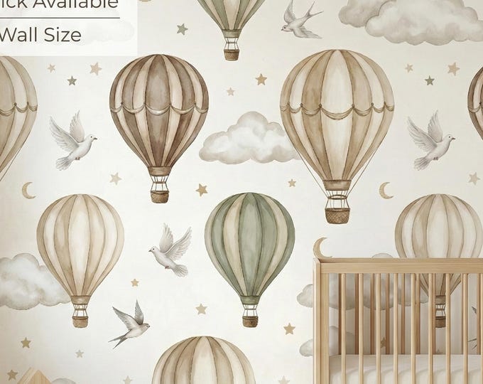 Neutral Hot Air Balloon Nursery Wallpaper Peel Stick, Beige Vintage Sky Baby Room Wall