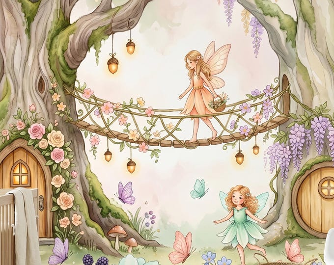 Fairy Treehouse Village Watercolor Wallpaper Mural, Enchanted Forest Nursery Peel and Stick