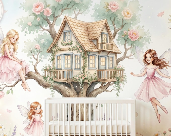 Fairy Treehouse Peel and Stick Mural, Watercolor Pink Rose Girls Nursery Wallpaper