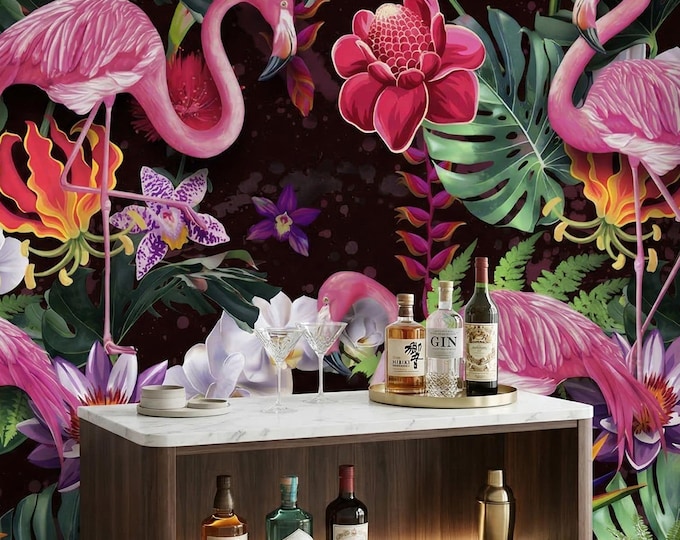 Flamingo Tropical Peel & Stick Wallpaper, Dark Jungle Botanical Pink Floral Mural