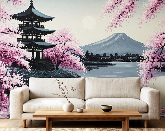 Japanese Pagoda Sakura Peel and Stick Mural, Pink Grey Mount Fuji Lake Wallpaper
