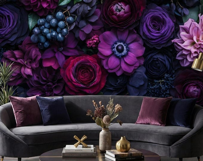 Moody Floral Gothic Wallpaper – Dark Purple Peel and Stick Wall Mural
