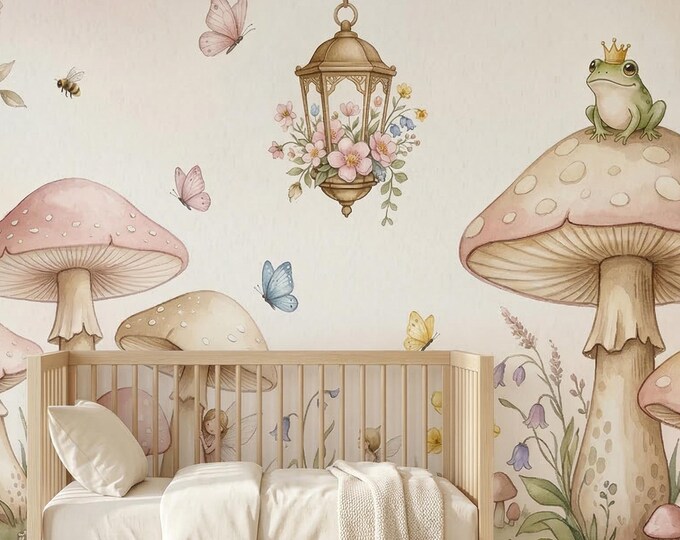 Mushroom Fairy Garden Peel and Stick Wallpaper, Watercolor Whimsical Nursery Mural