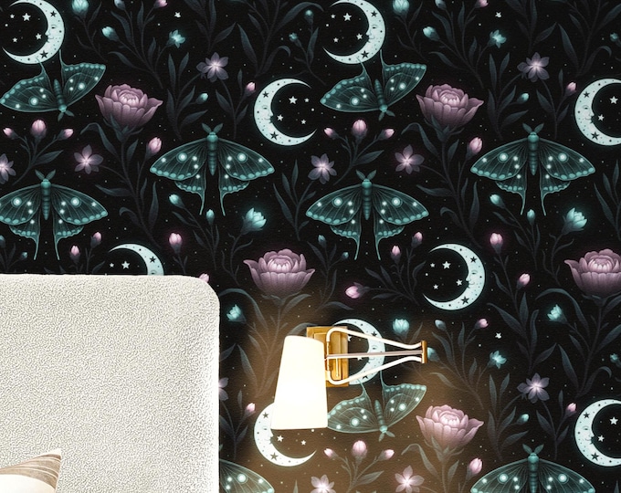 Moody Celestial Moth Wallpaper | Dark Floral Peel & Stick or Traditional Wallpaper | Gothic Whimsigoth Wall Art