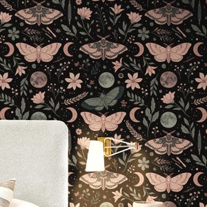 Moody Celestial Floral Wallpaper: Dark Academia Moth & Moon Mural for Vintage Botanical Aesthetic