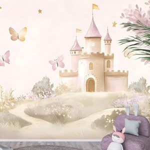 Carta da parati murale con castello da principessa da favola - Adesivo da parete con castello rosa incantato per camerette, asili nido o camerette magiche per ragazze
