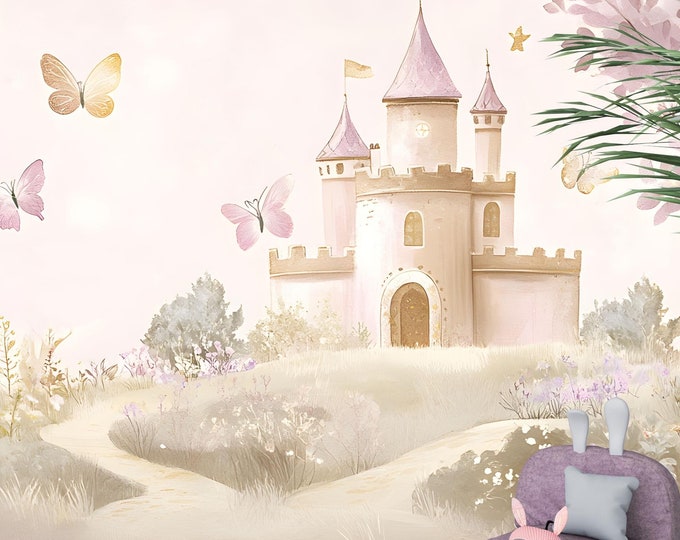 Fairytale Princess Castle Wallpaper Mural - Enchanted Pink Castle Wall Decal for Kids’ Rooms, Nursery, or Magical Girls’ Bedroom