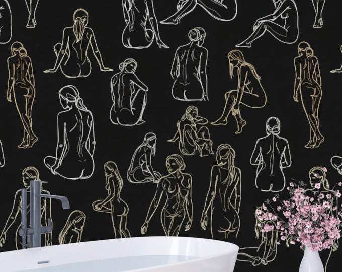 Modern Figure Line Art Wallpaper Rolls | Minimalist Nude Body Sketch Mural | Stylish Female Form Wall Art | Abstract Contemporary Bedroom