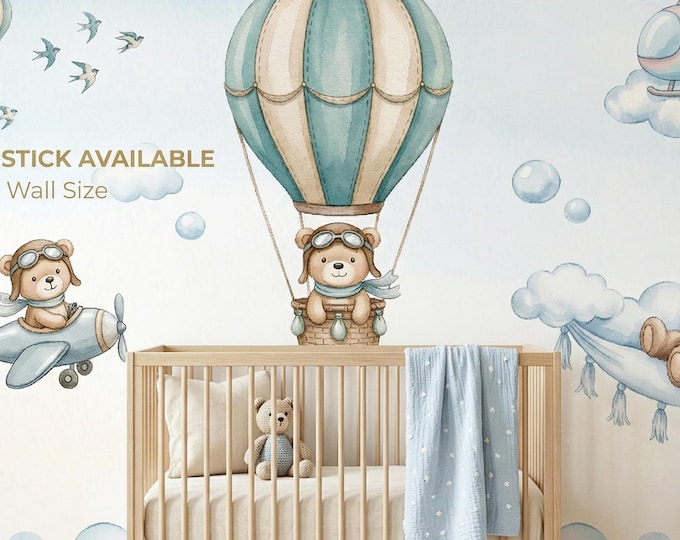 Baby Boy Nursery Wallpaper, Teddy Bear Peel Stick Wall Mural Balloon Sky