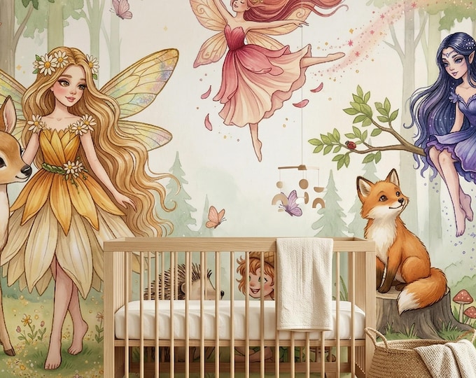 Enchanted Forest Fairy Watercolor Wallpaper Mural, Woodland Nursery Peel and Stick
