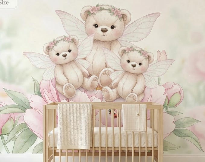Fairy Bear Peony Peel & Stick Wallpaper Mural, Watercolor Floral Girls Nursery