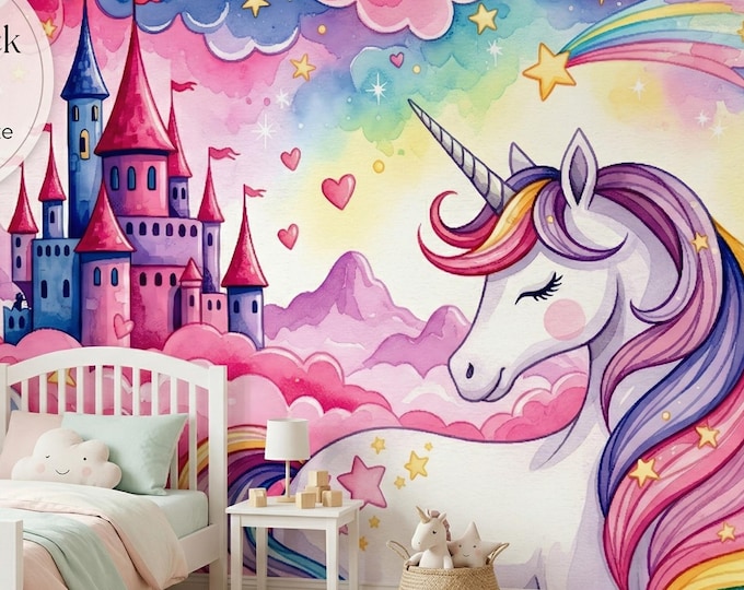 Rainbow Unicorn Castle Peel & Stick Mural, Magical Pink Cloud Girls Wallpaper