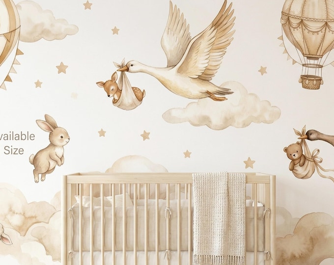 Neutral Nursery Wallpaper Baby Animals Peel Stick Wall Mural Hot Air Balloon Sky