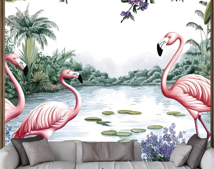 Flamingo wallpaper mural with tropical and jungle design, perfect for stylish home decor, mural art, or wildlife themed interiors.