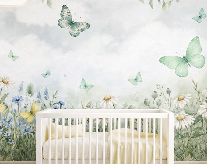 Wildflower Butterfly Peel and Stick Mural, Watercolor Mint Sage Green Nursery Wallpaper
