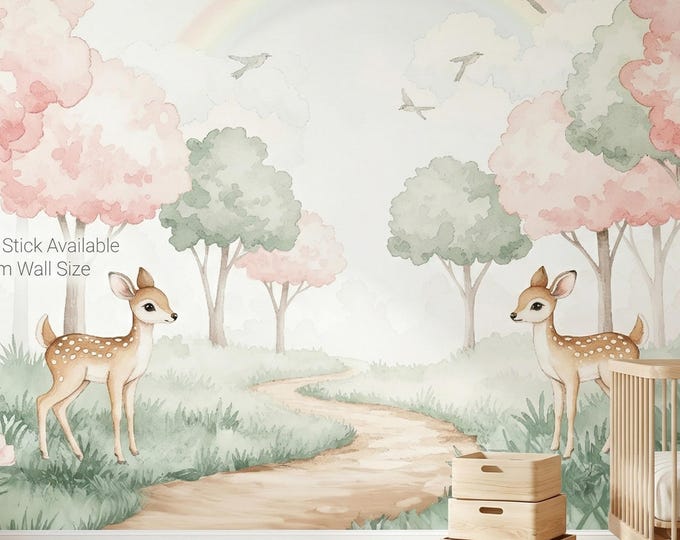 Watercolor Woodland Deer Nursery Wallpaper Mural — Peel and Stick or Non-Woven