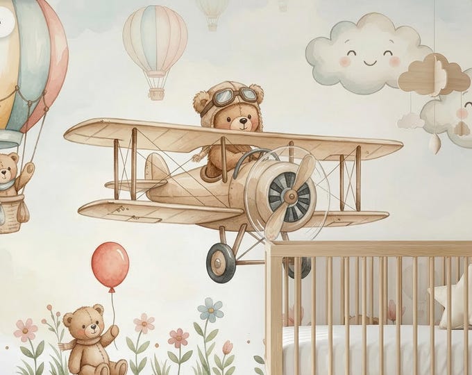 Teddy Bear Airplane Nursery Peel & Stick Wallpaper, Watercolor Hot Air Balloon Mural