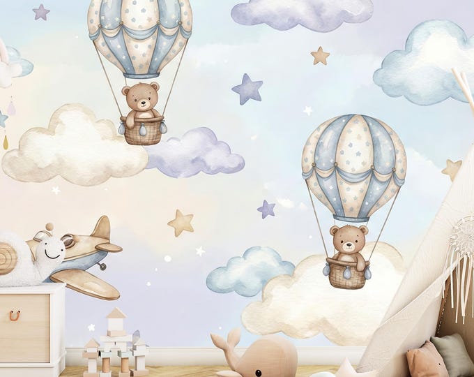 Watercolor Bear Pilot Wallpaper, Airplane & Hot Air Balloon Nursery Peel and Stick Wall Mural