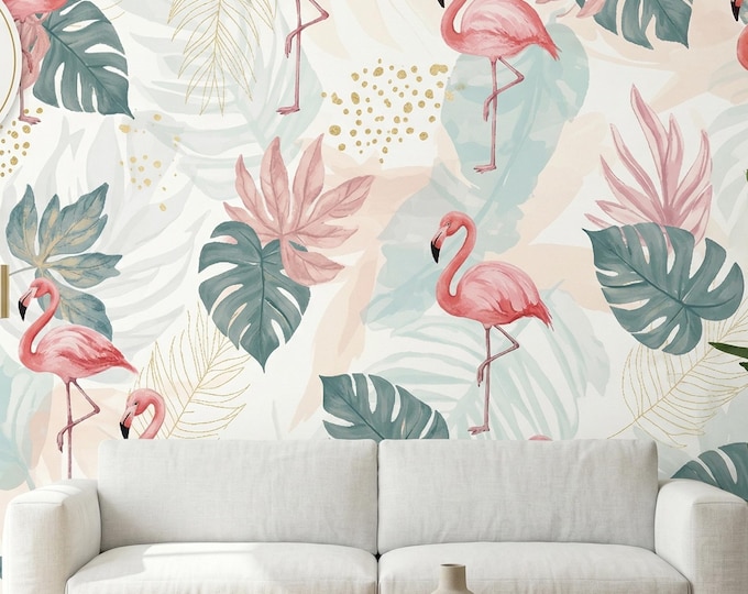 Flamingo Tropical Peel and Stick Wallpaper, Pastel Pink Teal Monstera Botanical Mural