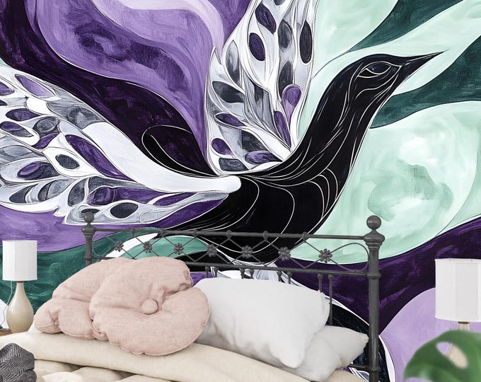 Modern Artistic Bird Wallpaper Mural, Purple and Green Fluid Peel and Stick Contemporary Decor