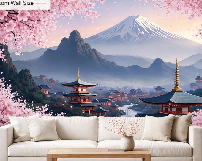Japanese Cherry Blossom Peel and Stick Mural, Pink Pagoda Mount Fuji Wallpaper