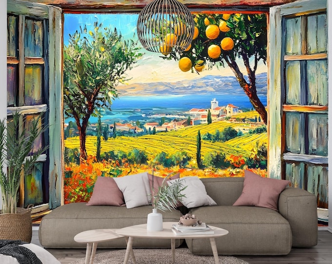 Mediterranean Countryside Landscape View Wallpaper Mural Decal – Full Wall Mural with Lemon Tree for Kitchen or Living Room Peel and Stick