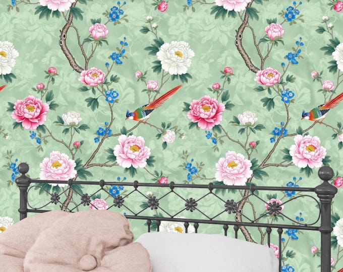 Chinoiserie Peony Bird Wallpaper Mural: Elegant Botanical Wall Art