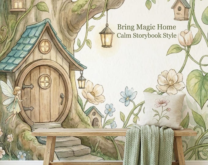 Fairy Garden Enchanted Forest Wall Mural Tree House, Floral Peel Stick or Vinyl Wallpaper