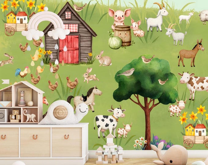 Cute Farm Animal Peel and Stick Wallpaper - Barnyard Wall Mural for Kids & Nursery - Country Farmhouse Playroom Decor