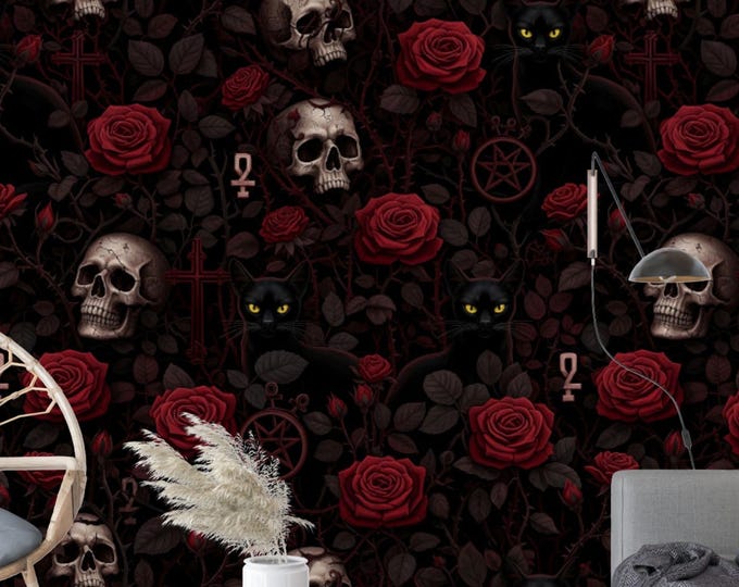 Gothic Rose Skull Wallpaper Mural: Witchy Black Cats & Pentagram