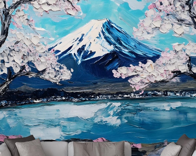 Cherry Blossom Mount Fuji Peel and Stick Wallpaper Mural – Scenic Japanese Removable Wall Decor