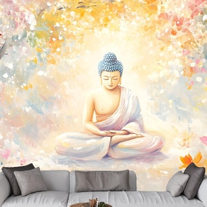 Carta da parati Buddha Meditazione Arte floreale murale - Decorazione Zen pacifica da staccare e attaccare per la casa, studi di yoga e regali