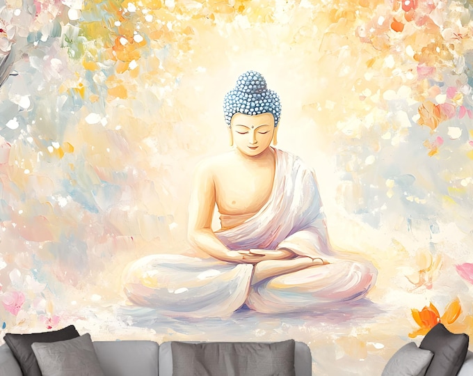 Wallpaper Buddha Meditation Floral Art Mural - Peaceful Zen Decor Peel and Stick Wall Art for Home, Yoga Studios and Gifts