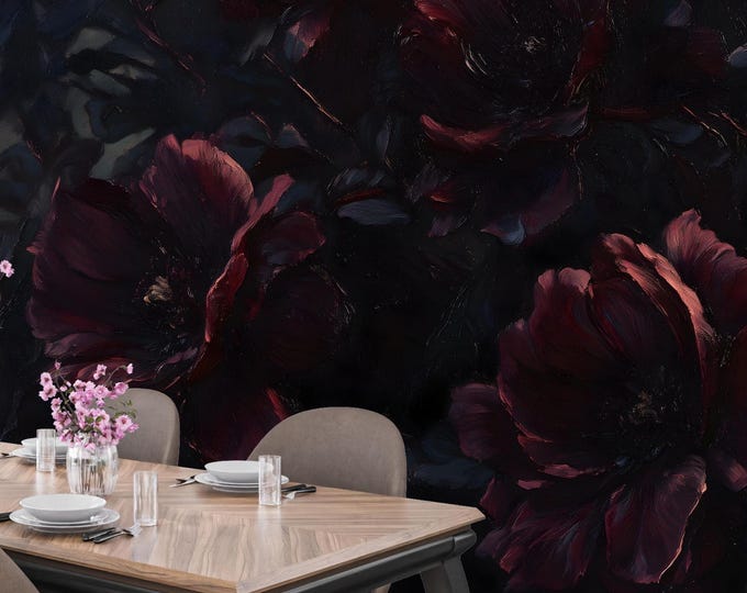 Moody Dark Floral Botanical Wallpaper Mural, Vintage Peony Black and Burgundy Luxury Peel and Stick Wallpaper