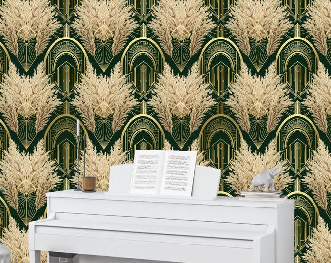 Art Deco Pampas Grass Wallpaper: Gold & Green Glam Mural