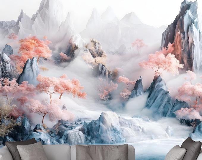 Chinese Mountain Landscape Peel and Stick Wallpaper Mural – Dreamy Removable Wall Decor